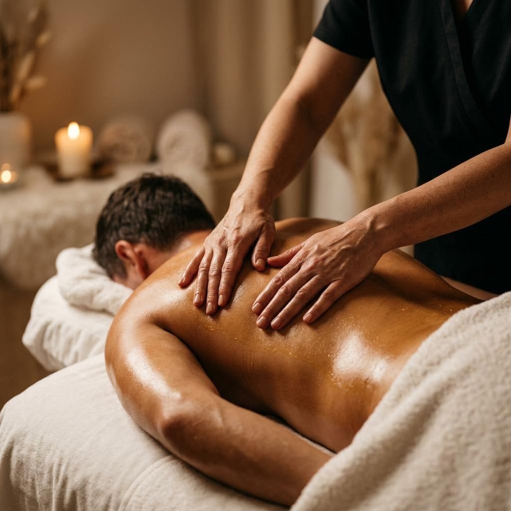 Expert therapist hands applying premium oils in four hand massage