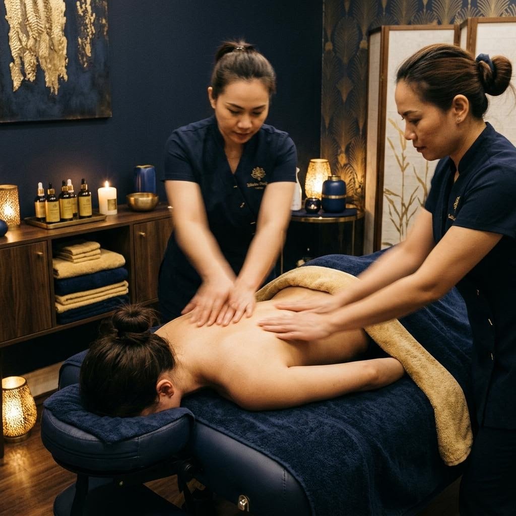 Synchronized four hand massage technique at Mantra Luxury Spa