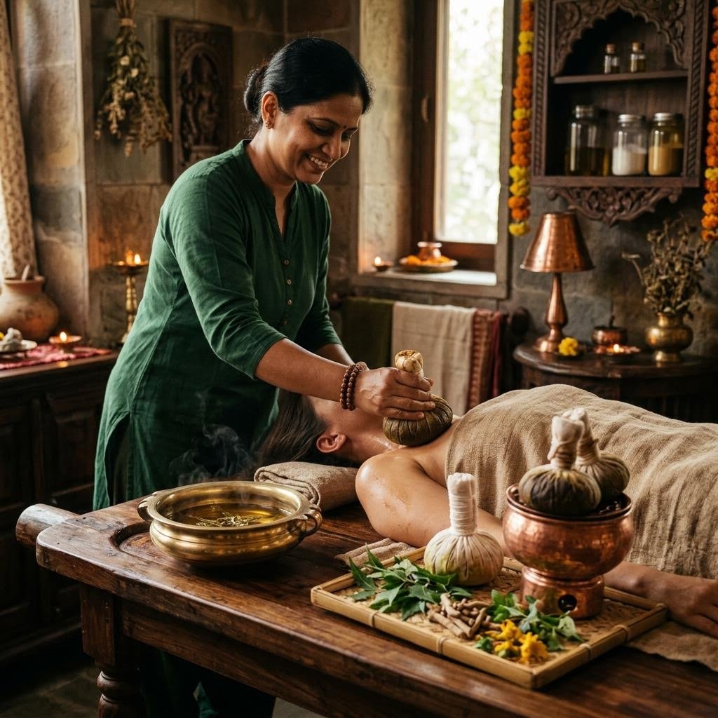 Traditional potli massage with herbal pouches at Mantra Luxury Spa