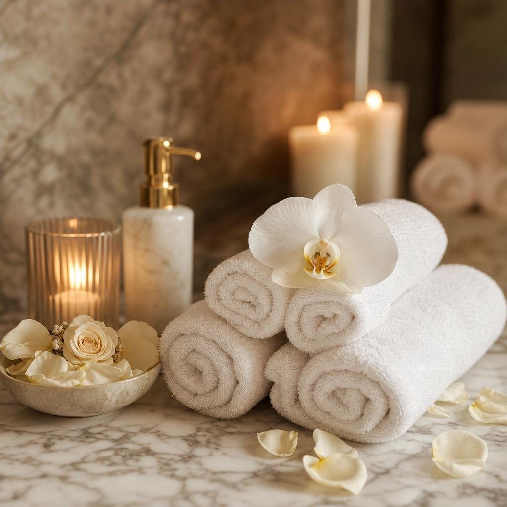 Luxury spa preparation with rose petals and white towels at Mantra Luxury Spa