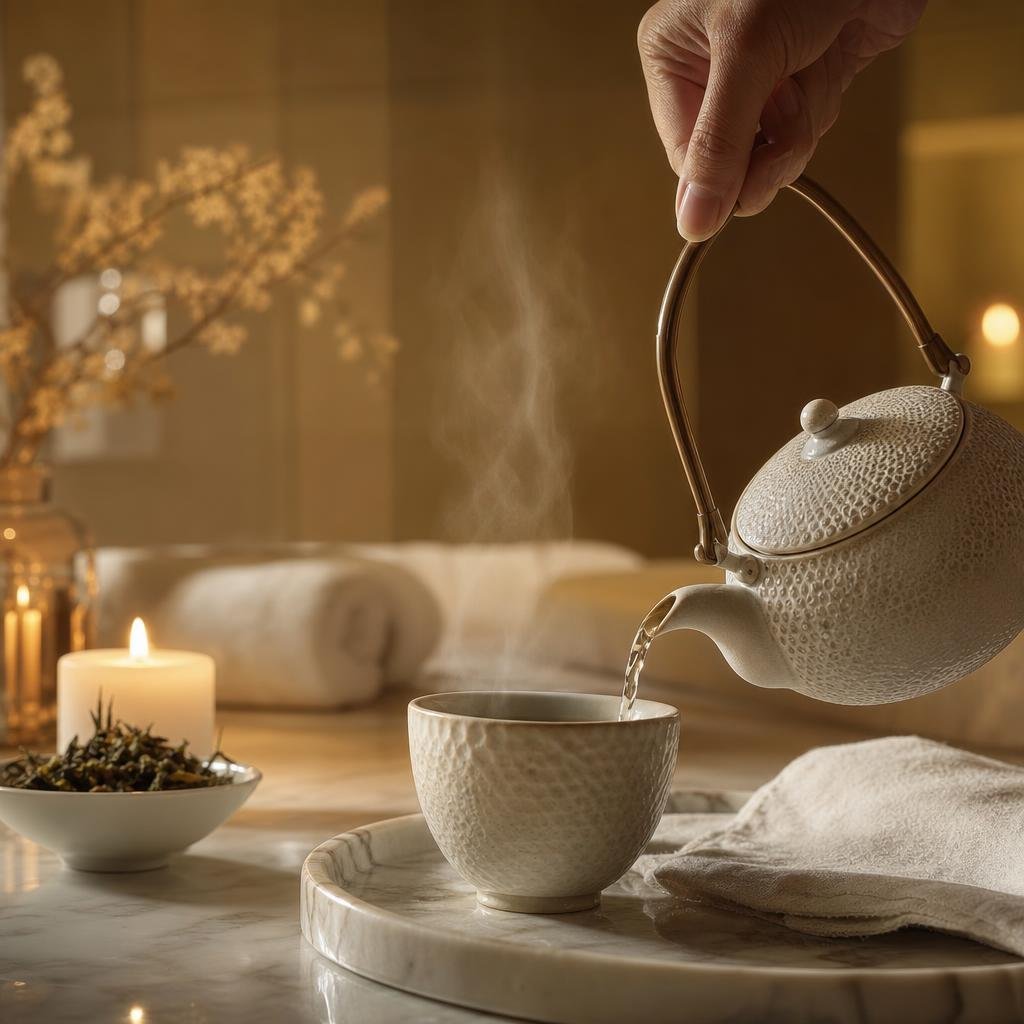 Post-massage herbal tea ceremony at Mantra Luxury Spa, Dommasandra